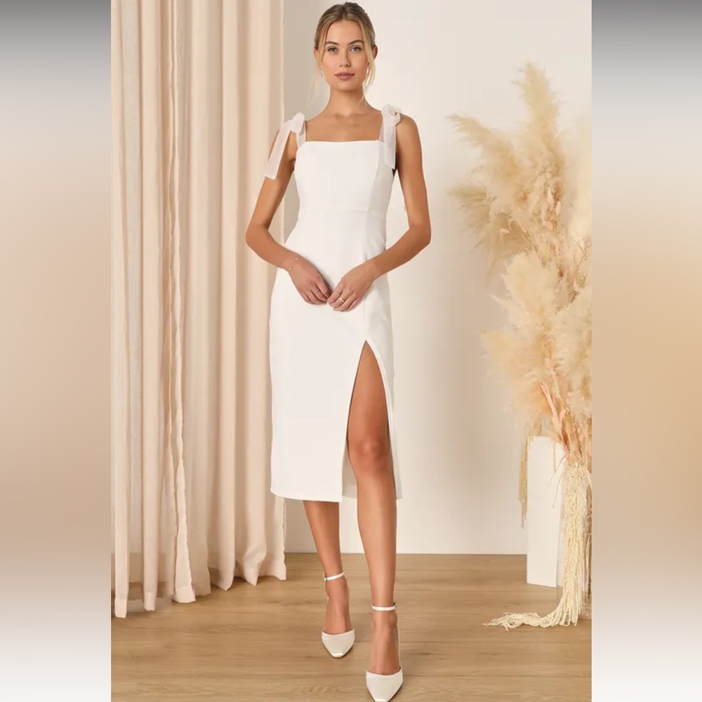 Lulus Romantic Celebration White Tie-Strap Bodycon Midi dress